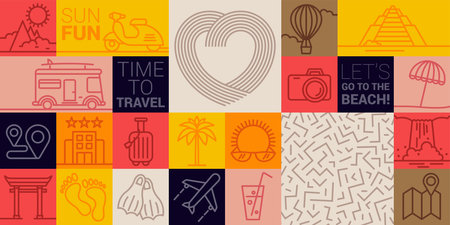 Vector Simple Outline Illustrations and Icons, Thin Line Geometric Travel and Vacation Geometrical Pattern and Banner, Summer and Tropical Travel, Monuments and Transportation Simple Shapes. Suitable for Design Posters, Websites, Cards...のイラスト素材
