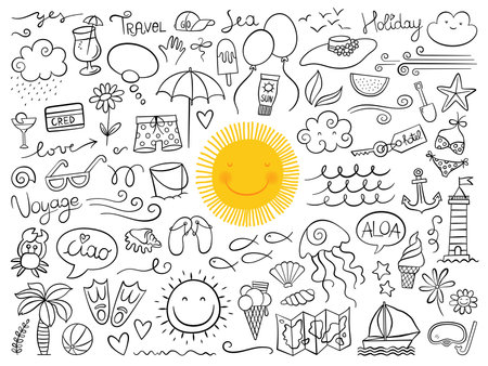 Summer icons cute Big doodle set. Outline style, hand drawn elements. Sun, Beach, tropical palm, fruits, sunglasses, watermelon, ice cream, fishes, toys. Full Vector Summertime elementsのイラスト素材