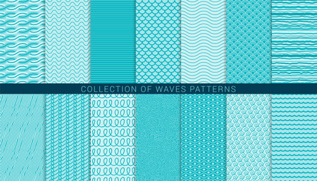 Set of 14 seamless waves, curls, lines and other simpe geometric pattern backgroundsのイラスト素材