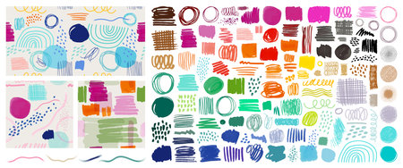 Colorful Children Marker Doodle Seamless Pattern Set. Collection of Childish freehand scribble and hand drawn marker shapes. Full Vector Background and Shapes collection.のイラスト素材