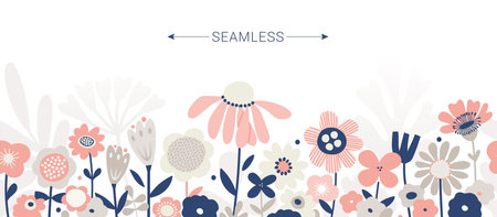 Spring garden flowers banner, botanical flat vector illustration on white backgroundのイラスト素材