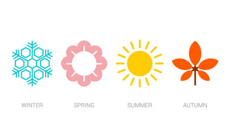 Four seasons icon set. 4 Vector graphic element illustrations representing winter, spring, summer, autumn. Snowflake, flower, sun and maple leafのイラスト素材