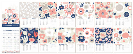 2024 year calendar design week start on sunday set of page templates. Collection of all year pages with months decorated by flowers and plants textures isolated on whiteのイラスト素材