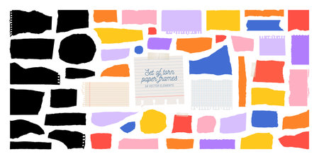 Paper for notes big collection. Blank notepad elements with ragged edges. Stationery background. Vector illustrationのイラスト素材