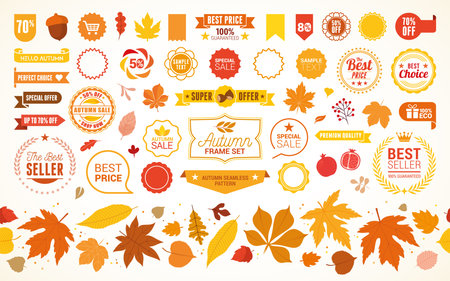 Autumn set, hand drawn elements- calligraphy, fall leaves, sales labels and tags, wreaths, and other. Horizontal Leaves seamless pattern Includedのイラスト素材