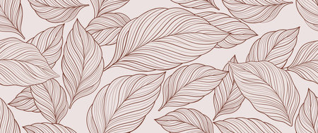 Botanical leaf line art wallpaper background vector. Luxury natural hand drawn foliage pattern design in minimalist linear contour simple styleのイラスト素材