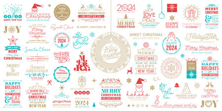Christmas and Happy New Year Wishes Vector Labels and Badges Templates Set. Vector illustrationのイラスト素材