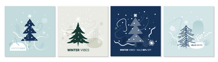 Set of Square abstract winter backgrounds for social media stories. Colorful winter banners with falling snowflakes, snowy treesのイラスト素材
