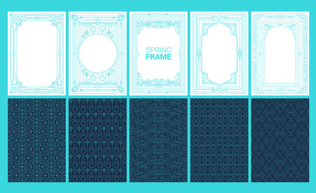 Spring vector geometric seamless patterns collection. Set of bright blue backgrounds with modern minimal labels. Cute abstract geometrical textures. Simple pattern design for babies, kids, decorのイラスト素材