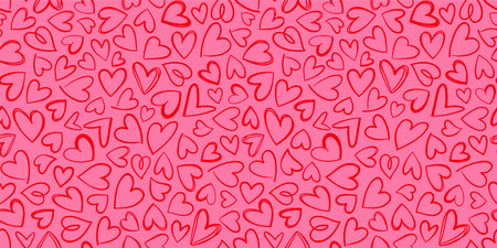 Fully Seamless Texture Pattern with lots of red hand drawn Hearts on pink background. Great for Gift wrapping papers, Wallpapers, websites backgrounds, desktop publishing. Full Vector Illustrationのイラスト素材