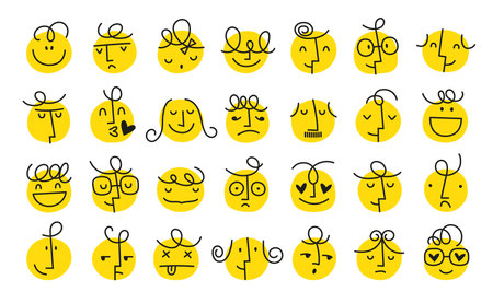 Groovy lovely funny faces stickers emoticons. Funky happy heart character in trendy retro 60s 70s cartoon styleのイラスト素材