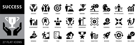 Success icon set. Successful business and personal development, plan and growth symbols. Black and White Flat vector collectionのイラスト素材