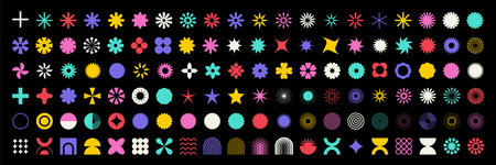 Geometric abstract flower shape set, star figure vector icon kit, funky retro brutal minimal art....