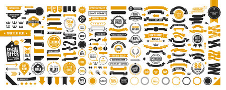 Ribbon banner set isolated on a white background. Orange color. Simple modern cute design. Labels, bookmarks and tagsのイラスト素材