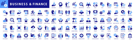 Finance icon set. With Concepts like Profit, Losses, Stock, Tax, Exchange, Budget, Funds, Earnings, Money and Revenue icons. Blue Colored Outline Icons Collectionのイラスト素材