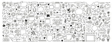 Simple sketch line style elements. Doodle cute ink pen line elements isolated on white background. Doodle arrow, heart, star, decoration symbol, icon set. Vector illustrationのイラスト素材