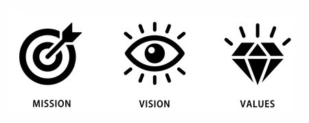 Mission, Vision and Values icon set. company purpose flat icons , diamond, eyesight, target, icon symbol. business creative concept with 3 stepsのイラスト素材