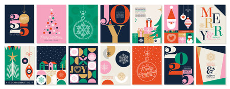 Hand drawn winter holidays cards. Merry Christmas card with floral ornaments, New Year tree and snowflakes frameのイラスト素材