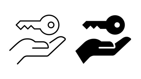Hand holding a key icon, Key in hand, black and white house key in outline and flat style icons set, editable stroke isolated on white, thin line vector outline illustration.のイラスト素材