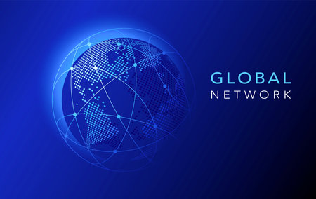 Global network illustration. Technology digital 3D globe Design. Digital earth map background. Connection data concept template on blue background.のイラスト素材