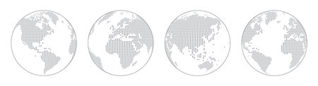 A set of four different dotted earth globes centered of different locations. Half tone Textured effect. Isolated on white background. Planet earth, abstract round map.のイラスト素材