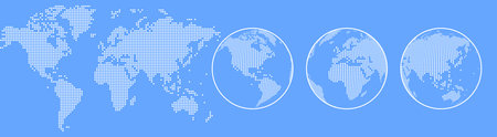 Dotted Earth globe. Half tone World map set. Planet with continents. Vector Illustration on blue backgroundのイラスト素材