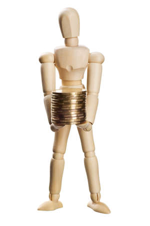dummy with coins isolated on whiteの写真素材