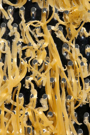 Close up of cheese grated on a stainless steel kitchen graterの写真素材