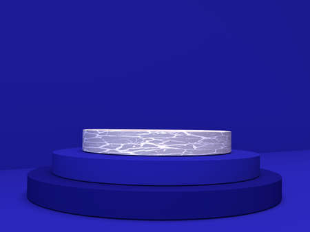 Mockup geometric shape cylinder mat and marble stone podium on dark blue background. 3D render of advertising template space for product in minimalist style. Display case empty showcaseの写真素材