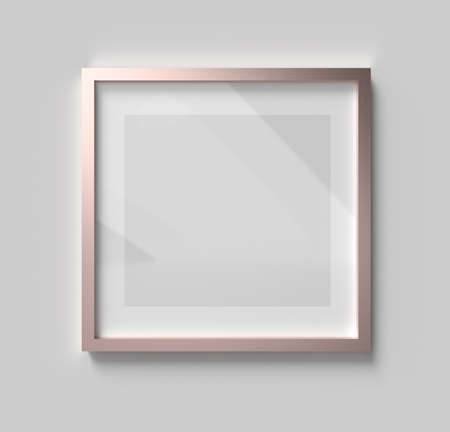 3D Render mockup of one square rose gold empty frame with white paper border inside and gray space...