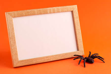 Close up of mockup template white frame with wooden borders and black horror spider on orange blurred background and copy space. Holiday autumn concept backdropの写真素材