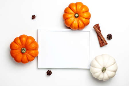 Mock up flat lay of mini decorative orange pumpkin, cinnamon sticks, little pine cone on bright background from above at top. Halloween and Thanksgiving greeting card holiday concept with copy spaceの写真素材