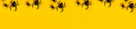 Flat lay banner of black horror spiders of different sizes at the top on orange backdrop with copy...