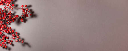 Banner of red berries on the branch Christmas decoration on gray background on the left side. Top view flat lay. Holidays concept copy spaceの写真素材