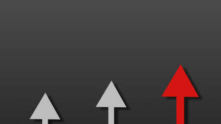 Three arrows gray and red with shadows move up in the frame on dark gradient gray. Business infographic and study education concept with copy and data space as element for information presentationの写真素材