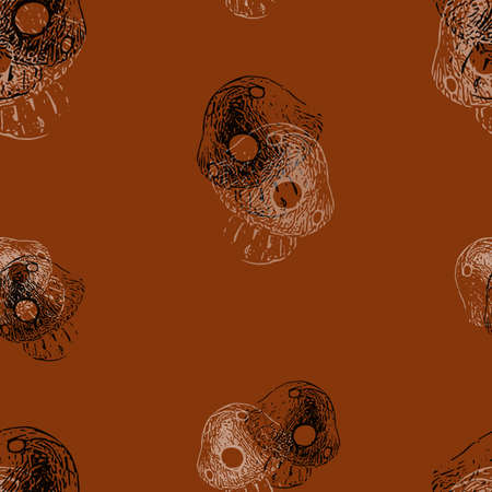 Seamless pattern of beautiful amanita mushrooms white and black illustration on red brick color with copy space. Autumn seasonal backdrop for postcard gift paper wallpaper textile and invitationsの写真素材