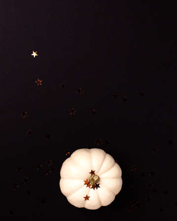 Flat lay of mini decorative white pumpkin and stars on black background from above . Halloween and Thanksgiving greeting card holiday concept with copy space.の写真素材