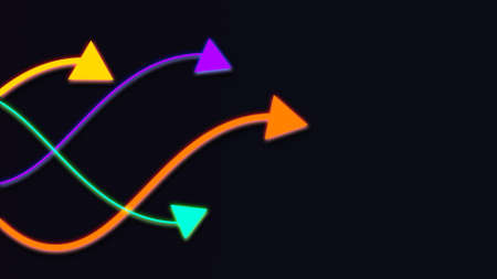 Four led glow yellow green orange and purple arrows move in waves in the frame on dark. Business infographic and study education concept with copy  space as element for information presentationの写真素材