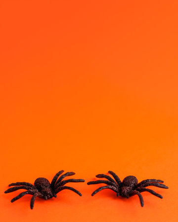 Two black horror spiders of different sizes directions on orange backdrop with copy space. Halloween decoration spooky background concept for holidaysの写真素材
