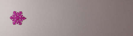 Banner of one snowflakes of purple color with glitters on a gray paper background on the left side. Flat lay top view with copy space Christmas holidays conceptの写真素材