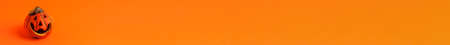 Banner of decoration orange small smile Halloween pumpkin on orange blurred background and copy...