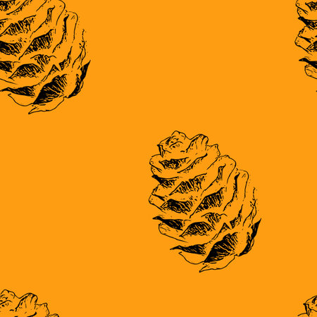 Seamless pattern of pine cones black illustration different sizes on orange background. Winter holidays and autumn concept for postcards and gift paper with copy spaceの写真素材