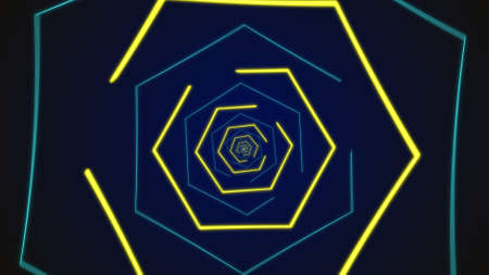 Loopable abstract digital neon polygon tunnel background. Futuristic sparkling pattern that moves forward with dark blue and yellow colors. Technology and cyber concept with copy spaceの写真素材