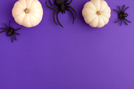 Flat lay of decoration white small Halloween pumpkin template and black horror spiders on vibrant purple background at the top with copy space. Holiday autumn concept.の写真素材