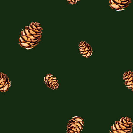 Seamless pattern of small pine cones isolated on dark green background and standing in groups of several pine cones. Winter holidays and autumn conceptの写真素材