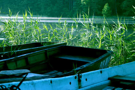 Boats in the lake, early in the morningの写真素材