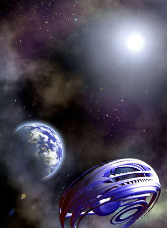 Space scenario. Abstract fantastic Space ship and the Earth in the Space