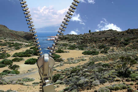 Zipper concept. Desert and oceanの写真素材