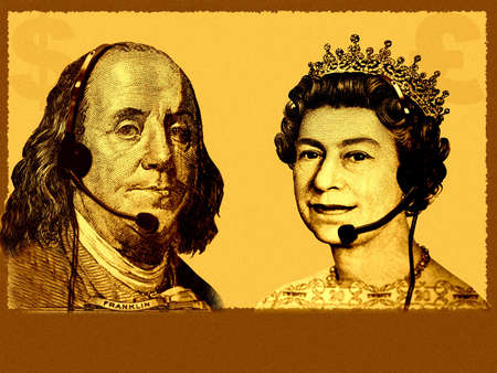 Conceptual International business/customer service. England Queen from 20 pounds banknote and USA President Franklin from 100 dollars banknote are talking, with headsets. A bit grainyの写真素材