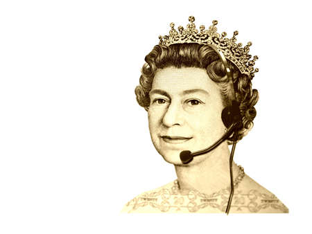 Conceptual business/customer service. The head of England currency- Queen, with headset. Isolatedの写真素材